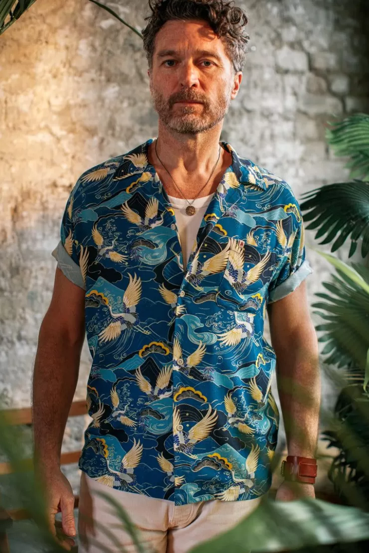 Sale Aloha Crane Club Shirt Blue Men Tops